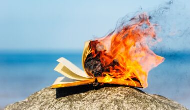 A book burning on a rock by the coast.