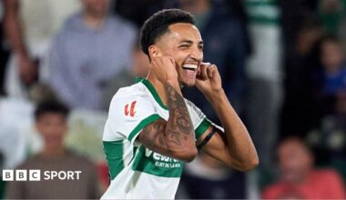 Alvaro Rodriguez pulls his ears after scoring for Elche