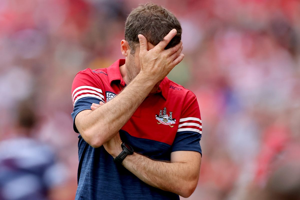 Cork manager Ben O'Connor dejected in the final minutes of the game against Galway