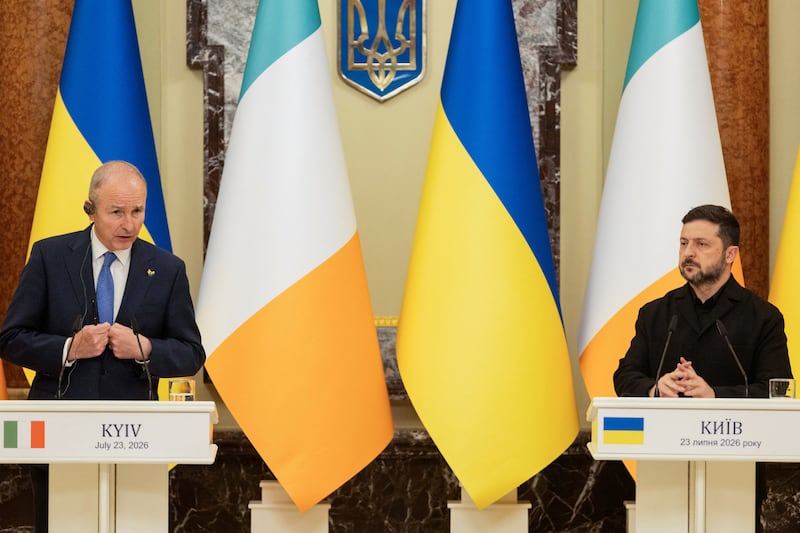 Zelenskiy and Martin at a joint press conference in Kyiv on Thursday. Photograph: Tetiana Dzhafarova/AFP via Getty Images