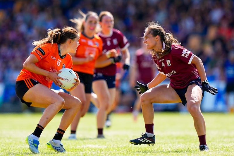 Armagh's Aimee Macken in action against Galway's Kate Geraghty. Photograph: James Lawlor/Inpho