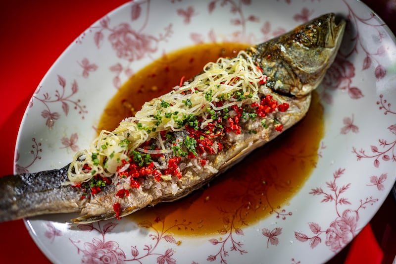 Hang Dai: Steamed whole sea bass, baby leeks, chilli, soy. Photograph: Will Dempsey