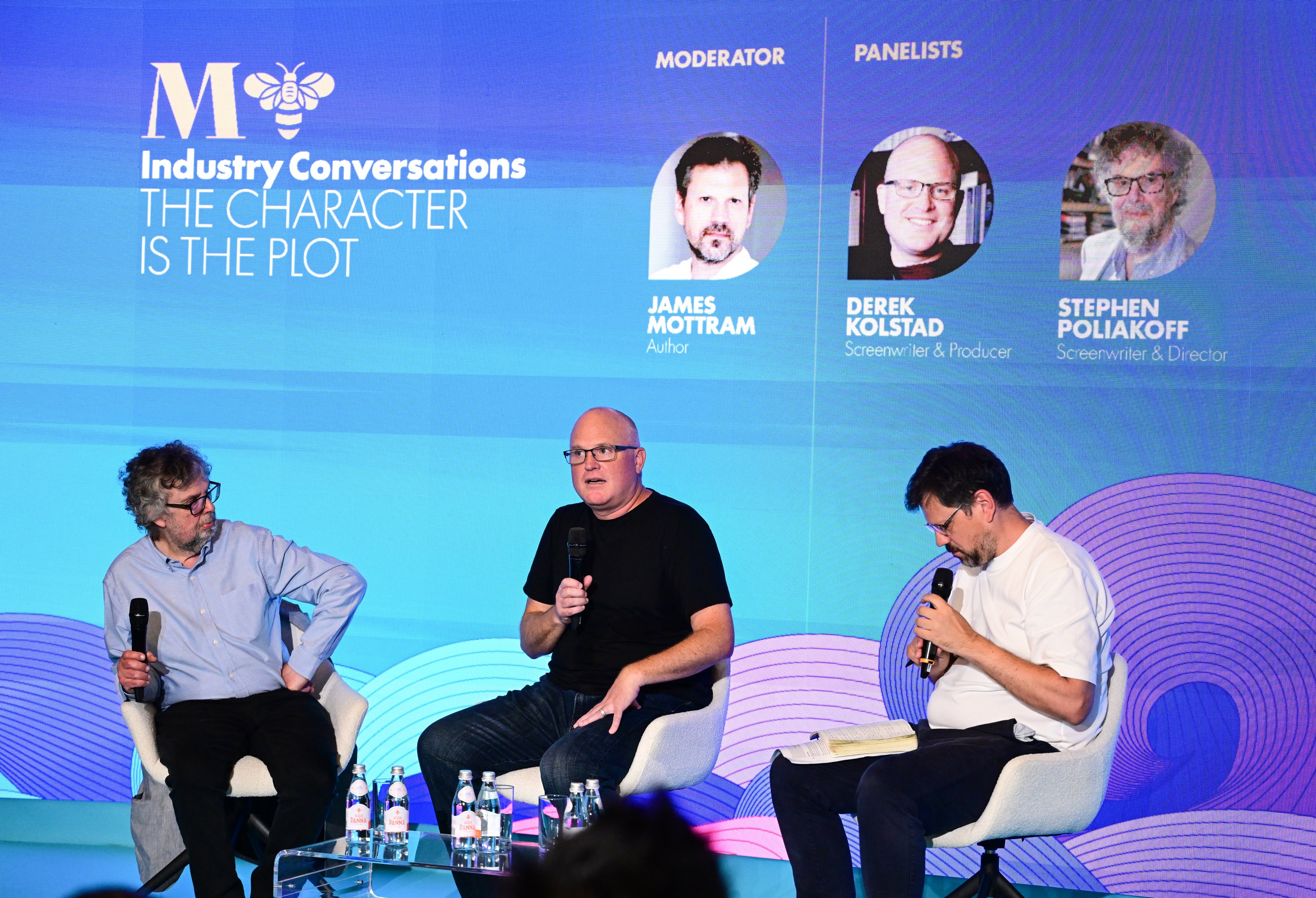 Playwright and filmmaker Stephen Poliakoff, screenwriter and film producer Derek Kolstad and moderator James Mottram are photographed on stage during a panel discussion titled “The Character is the Plot” at Malta’s Mediterrane Film Festival in Valletta on June 26, 2026.
