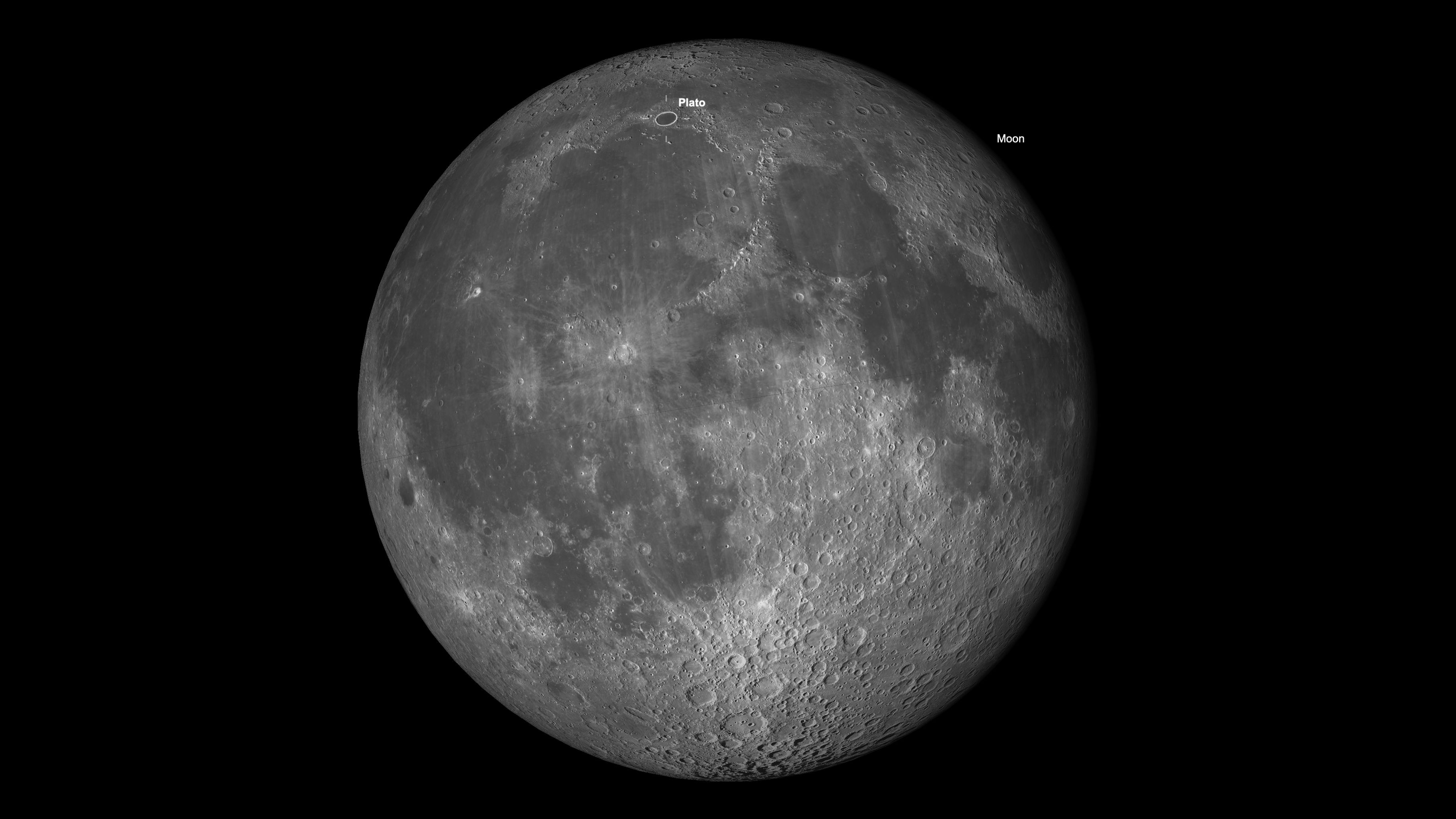 A graphical representation of the full moon with a white circle indicating the location of the Plato crater to the north of its disk.