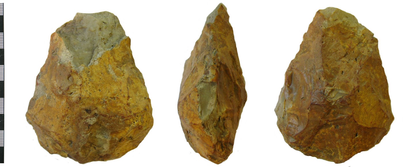 A picture of a Acheulean hand axe, a type of noosignature that can be found on Earth. Credit - The Portable Antiquities Scheme, Julian Watters