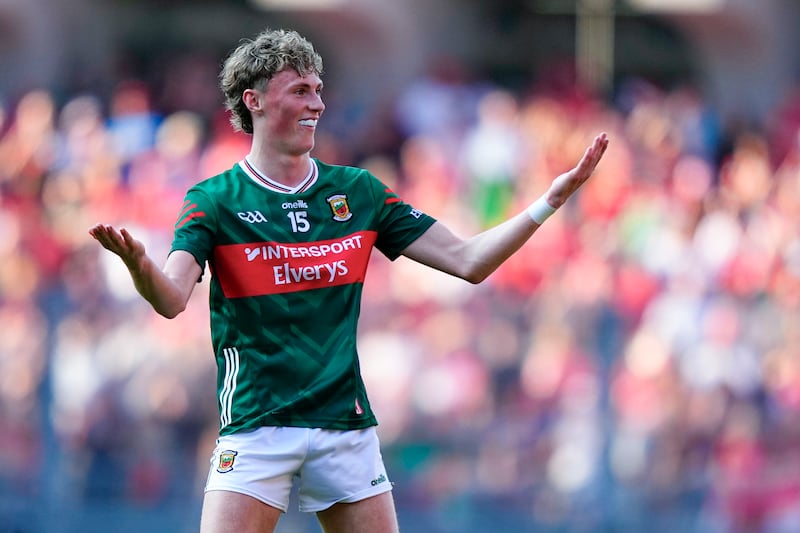 Kobe McDonald of Mayo celebrates a score. Photograph: James Lawlor/Inpho