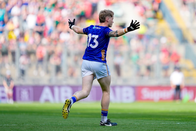 Oisín McGraynor of Wicklow celebrates scoring a two-pointer. Photograph: James Lawlor/Inpho