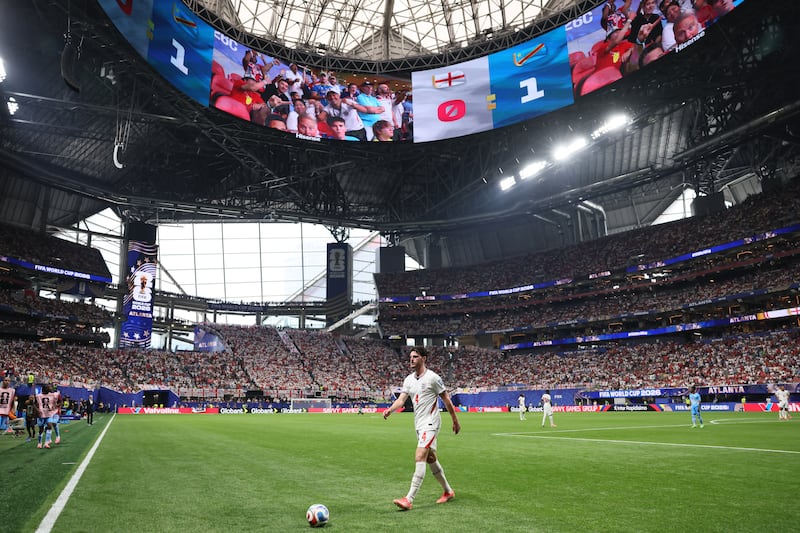 Declan Rice prepares to take a corner kick during the Round of 32 game against DR Congo. Photograph: Odd Andersen/AFP via Getty Images