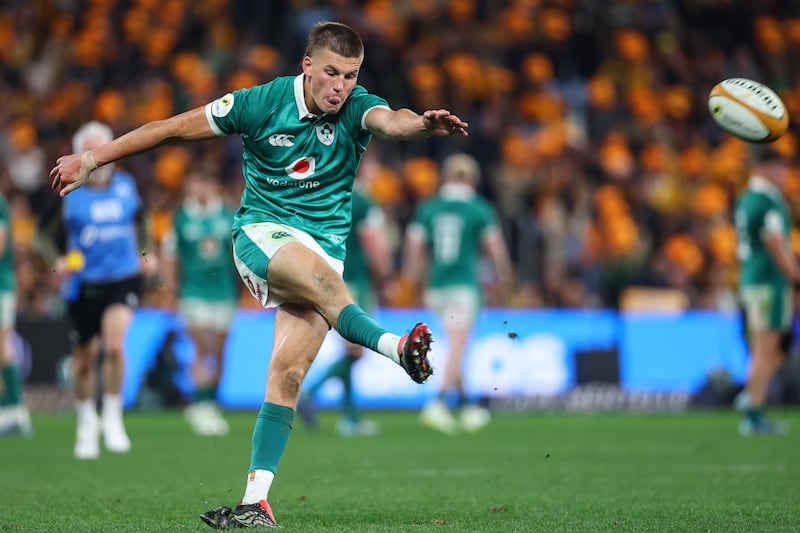 2026 Nations Championship Southern Hemisphere Series, Allianz Stadium, Sydney, Australia 4/7/2026
Australia vs Ireland
Ireland’s Sam Prendergast takes a conversion kick 
Mandatory Credit ©INPHO/Ben Brady