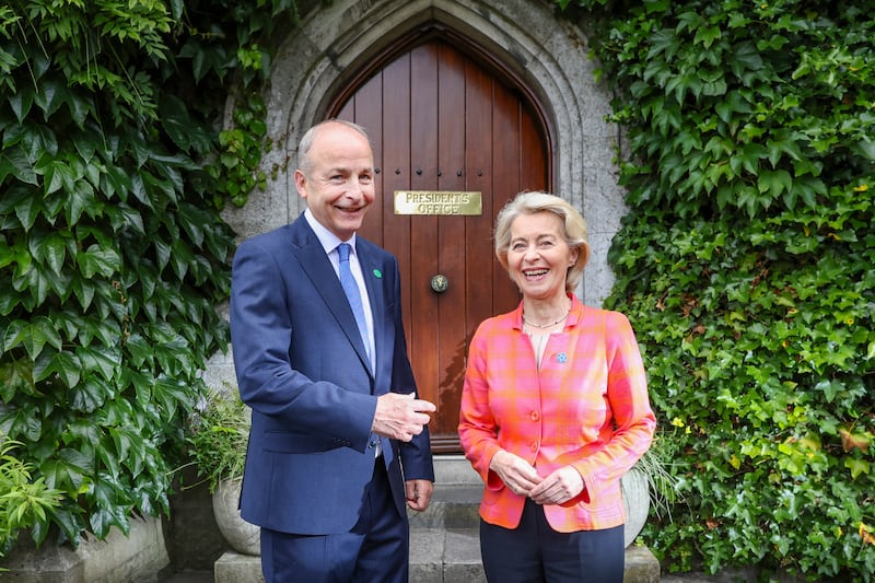 Micheál Martin and Ursula von der Leyen outside the 'President's Office' at University College Cork. Photograph: Paul Faith/Pool/AFP via Getty Images