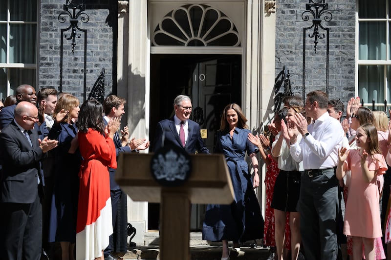 Britain's outgoing prime minister Keir Starmer and his wife Victoria leave 10 Downing Street, ahead of making a speech in central London. Photograph: Henry Nicholls/AFP via Getty Images