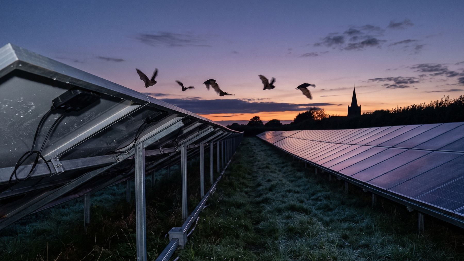 Bats flying low over mirror-like solar panels at dusk
