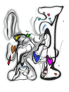 Billy Clifton-Strawn's artwork "Broken Promises," black line work with colorful hearts on a white background.