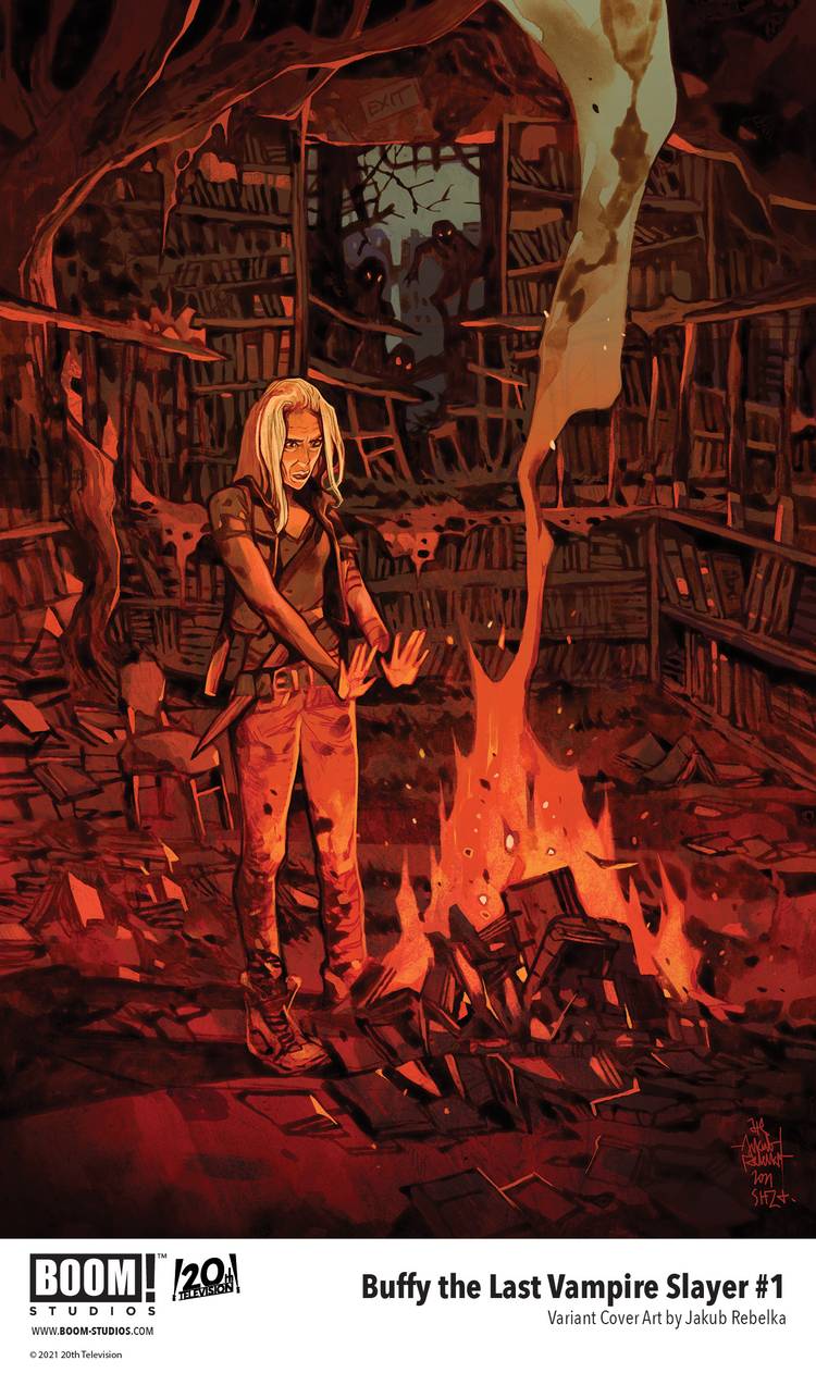Buffy The Last Vampire Slayer - a variant cover for the first comic, showing an older Buffy Summers warming herself at a fire made out of a library. Vampires lurk menacingly nearby.