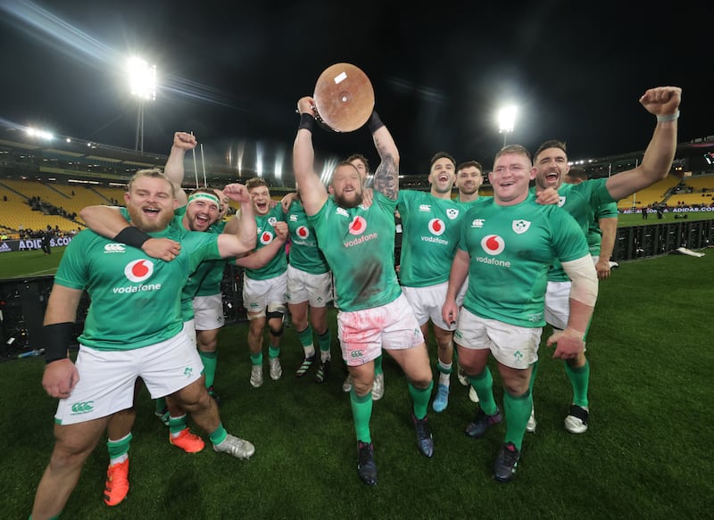 Ireland celebrate after beating New Zealand at the Sky Stadium, Wellington, in 2022. Photograph: Billy Stickland/INPHO