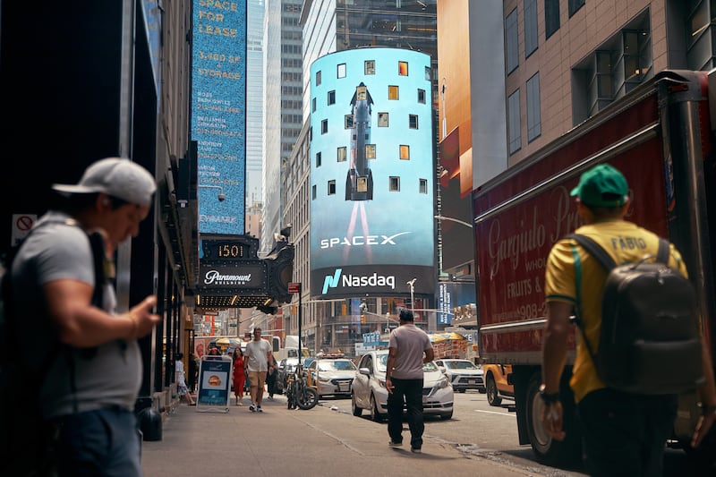 A billboard at the Nasdaq stock exchange in Manhattan, New York, promotes the initial public offering of SpaceX stock on June 12th, 2026. Photograph: Andres Kudacki/The New York Times
                      