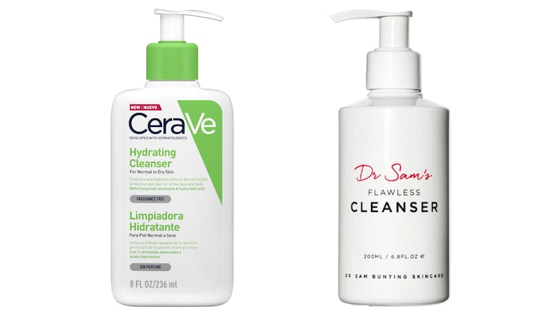 CeraVe Hydrating Cleanser (€13 for 236ml at Boots) and Dr Sam's Flawless Cleanser (€24 from drsambunting.com)