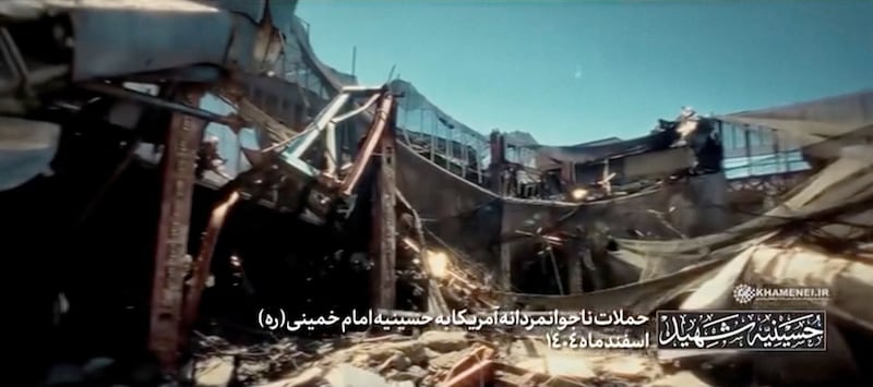 Damage to a portion of a building, which the Office of the Iranian Supreme Leader said was Iran's late Supreme Leader Ayatollah Ali Khamenei's compound in the aftermath of Israeli and US airstrikes, in Tehran, Iran in this screen grab from video released on Wednesday.  Photograph: Office of the Iranian Supreme Leader/Handout via Reuters
