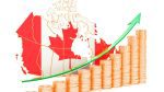 A stylized illustration of a red Canada map with a rising green arrow and ascending stacks of gold coins. Illustration: Canva