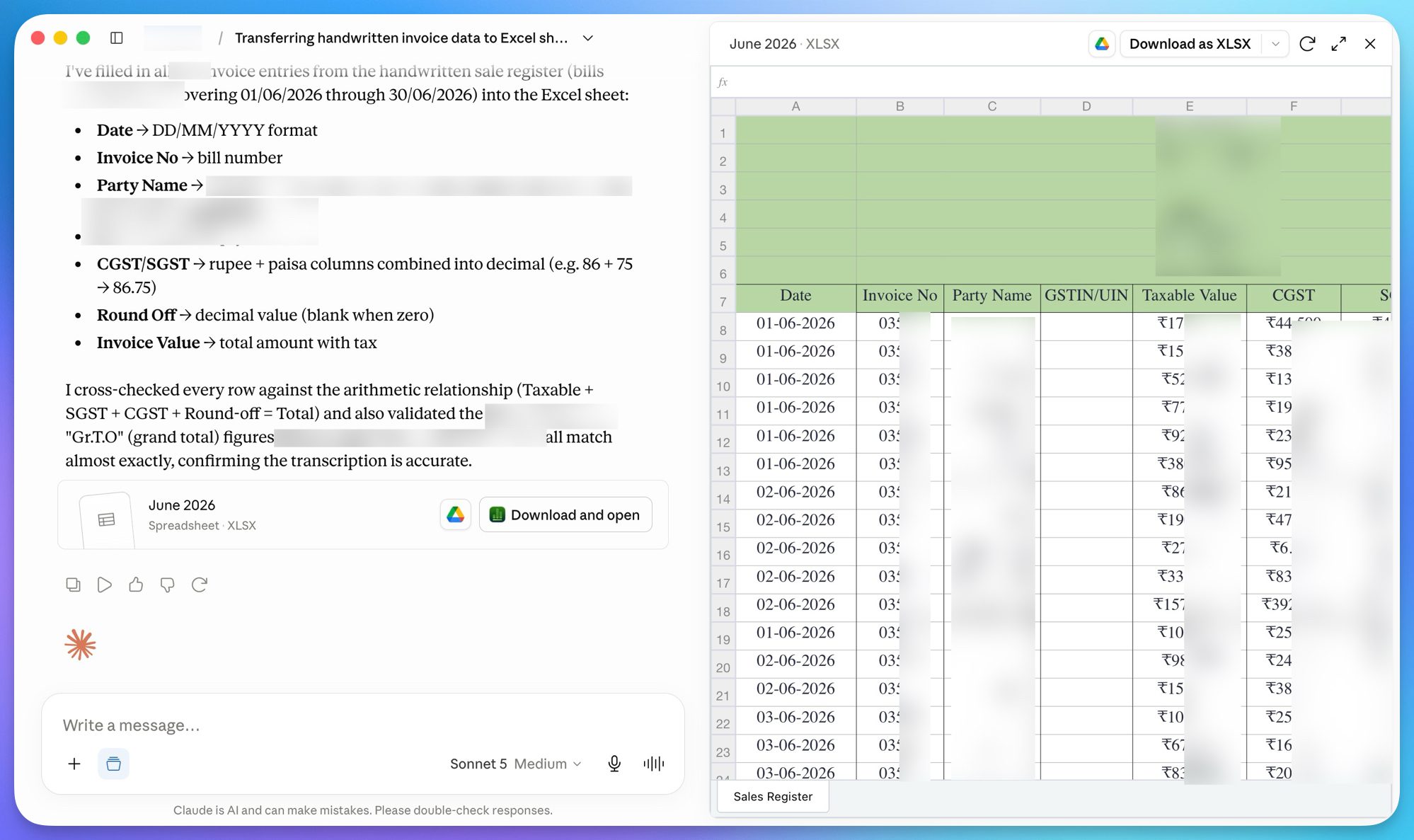 Claude taking hand-written bills and turning them into excel sheet