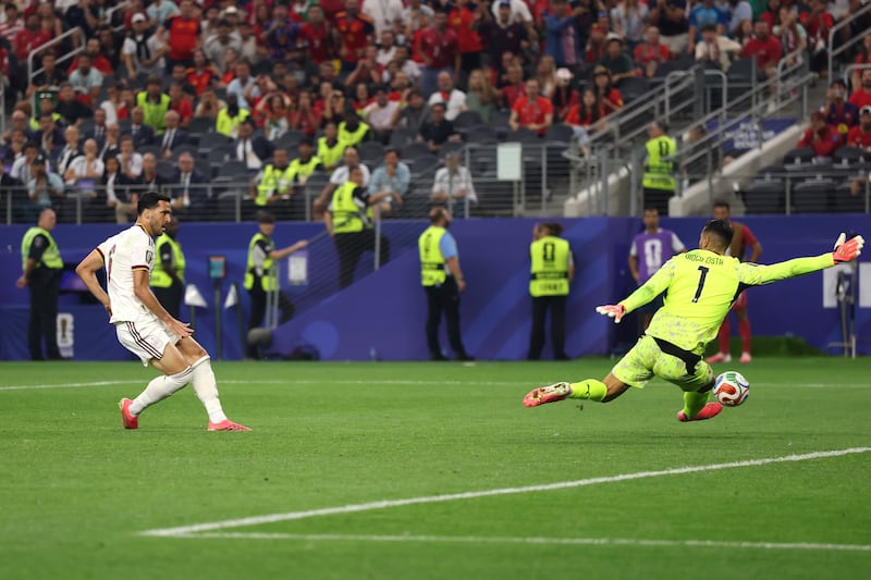 Mikel Merino scores for Spain. Photograph: Lars Baron/Getty Images