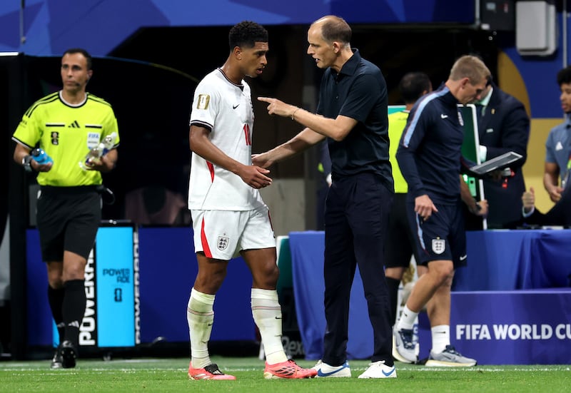 England manager Thomas Tuchel issues instructions to Jude Bellingham during England's World Cup round-of-32 win against DR Congo. Photograph: Michael Reaves/Getty Images