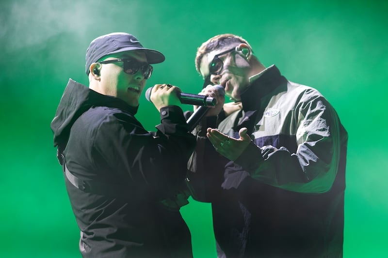 Kneecap perform at a concert at the 3Arena in Dublin, Ireland on December 16th, 2025. Photograph: Chris Maddaloni/The Irish Times 