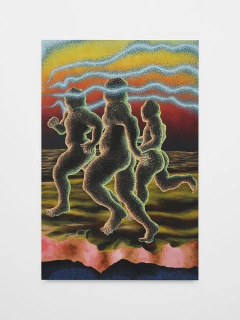 Three abstract, glowing human figures run across a surreal landscape under a vivid, multicolored sky with swirling clouds.