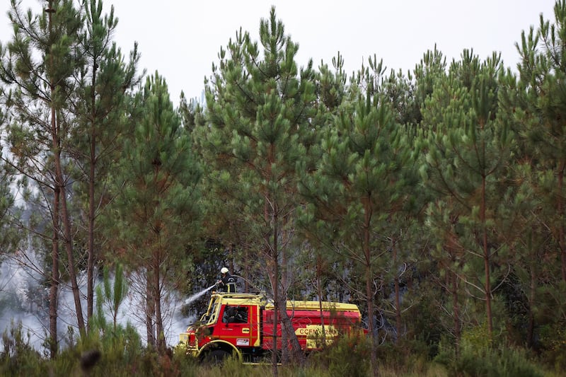 Firefighters extinguishing fires from a wildland water truck in Le Porge, southwestern France on Thursday. Photograph: Romain Perrocheau/AFP via Getty Images