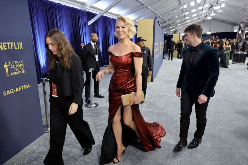 Hannah Waddingham at the Screen Actors Guild Awards in 2024 carrying a cardboard clutch made by her daughter. Photograph: Kevin Winter/Getty Images