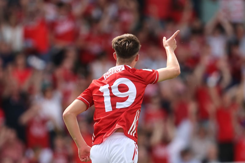Cork's Alex O'Herlihy celebrates scoring a goal. Photograph: Bryan Keane/INPHO