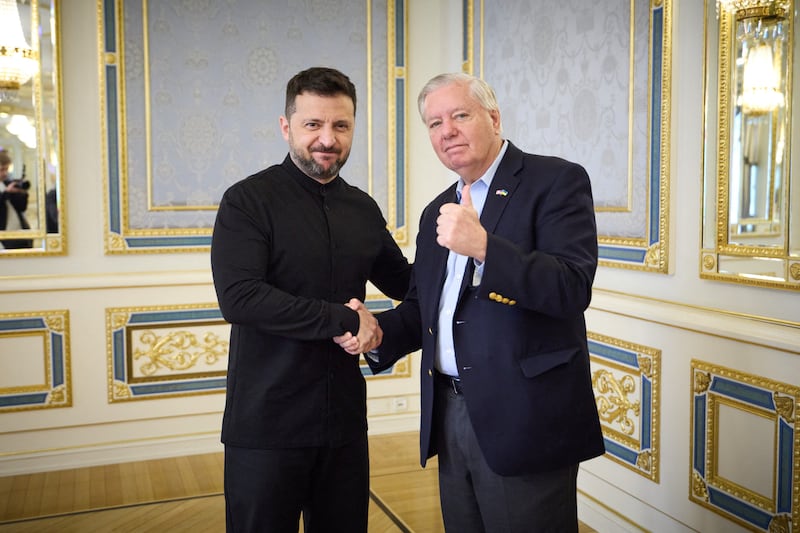 Ukraine's president Volodymyr Zelenskiy meets US senator Lindsey Graham during a visit to Kyiv on May 30, 2025, amid Russia's invasion of Ukraine. Photograph: Ukrainian Presidential Press Service/Handout via Reuters