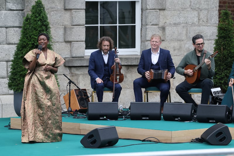 Tolu Makay and Colm Mac Con lomaire performing at Dublin Castle in Dublin, during the opening ceremony of Ireland's EU presidency. Photograph: Alan Betson 