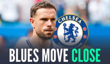 Experienced star Jordan Henderson next to the Chelsea badge and the words 'Blues move close'