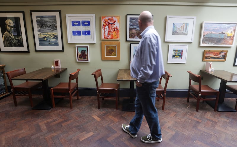 Pedro Donald  puts 50 pieces of Artwork on display  at The Harrison Hotel in Belfast. The exhibition will be on show  for the rest of the summer, with 50 per cent of the proceeds going to Medical aid for Palestine.
PICTURE COLM LENAGHAN
