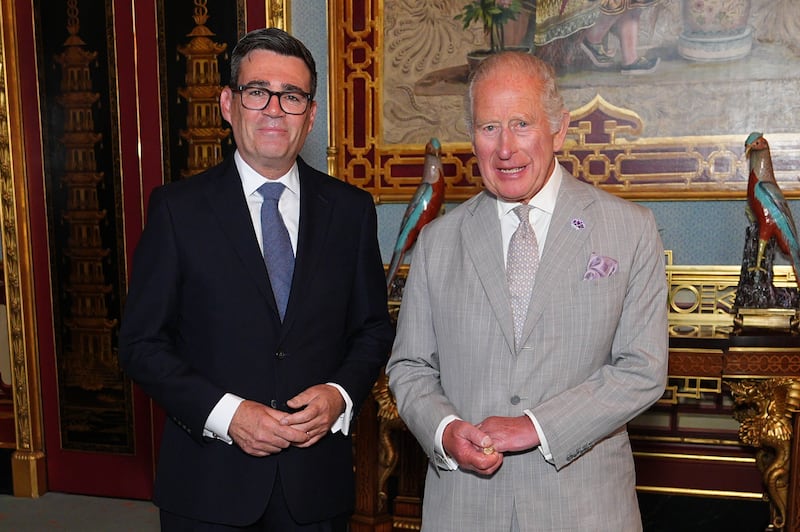 British king Charles welcomes Andy Burnham, during an audience at Buckingham Palace, London. Photograph: Aaron Chown/PA Wire





