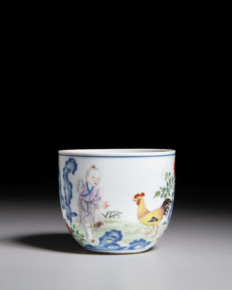 Famille rose 'boy and chicken' cup
