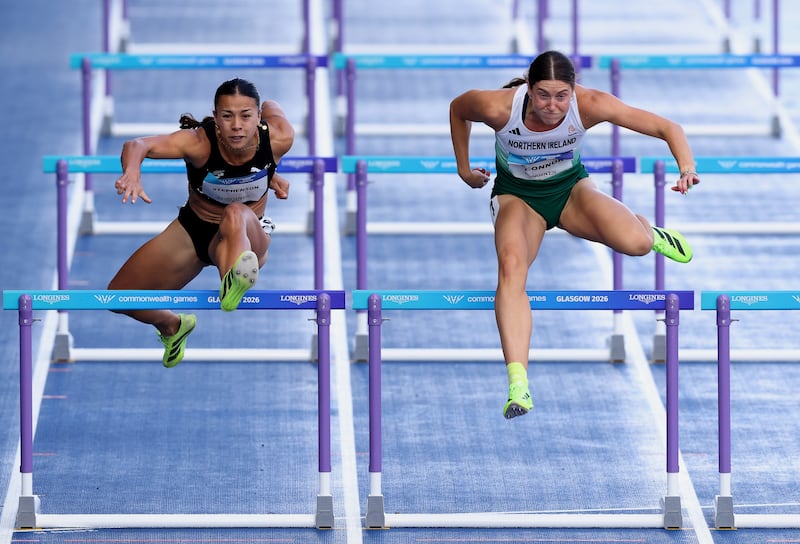 New Zealand's Briana Stephenson and Northern Ireland's Kate O'Connor during the 100m hurdles in the heptathlon event on Tuesday. Photograph: Paul Harding/Getty Images