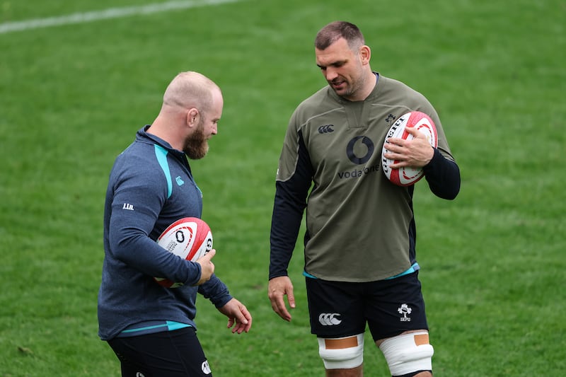 Ireland's Jeremy Loughman with Tadhg Beirne during training in Sydney on Tuesday. Photograph: Ben Brady/Inpho