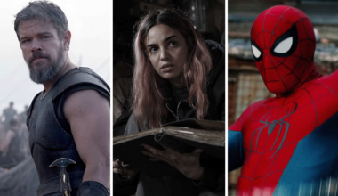 Images from three July 2026 movies: Matt Damon in The Odyssey; Souheila Yacoub in Evil Dead Burn; Tom Holland in Spider-Man Brand New Day