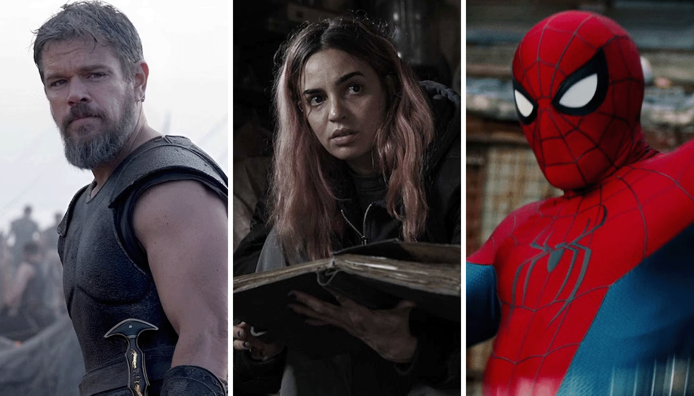 Images from three July 2026 movies: Matt Damon in The Odyssey; Souheila Yacoub in Evil Dead Burn; Tom Holland in Spider-Man Brand New Day