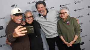 Edward James Olmos, Luis Valdez, Lou Diamond Phillips and Lupe Valdez attend 'American Pachuco: The Legend Of Luis Valdez' Premiere during the 2026 Sundance Film Festival at The Yarrow Theatre on January 22, 2026 in Park City, Utah.