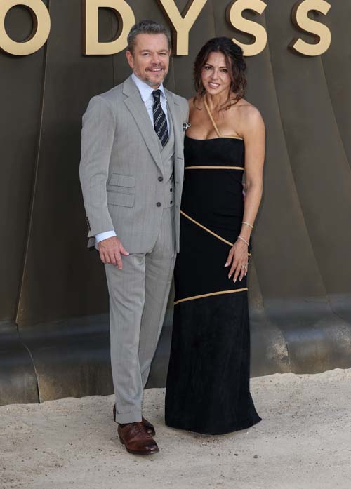 Matt Damon and Luciana Bozán Barroso attend the world premiere of "The Odyssey" at Odeon Luxe Leicester Square. Pic: WireImage