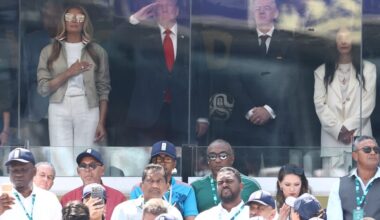 (From L) US First Lady Melania Trump, US President Donald Trump and FIFA President Gianni Infantino and his wife Leena Al Ashqar stand for the national anthem ahead of the 2026 World Cup football final between Spain and Argentina in East Rutherford, New Jersey on July 19, 2026.  (Photo by CHARLY TRIBALLEAU / AFP via Getty Images)