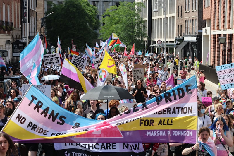 People on the trans and intersex pride parade marched from City Hall to Leinster House in Dublin. Photograph: Dara Mac Dónaill