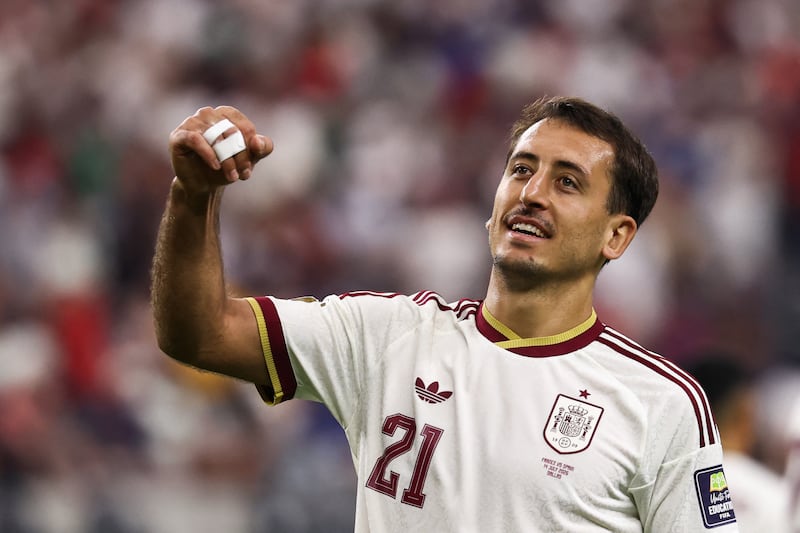 Spain's forward Mikel Oyarzabal celebrates scoring the first goal in the 2026 World Cup semi-final against France. Photograph: Franck Fife/AFP via Getty Images