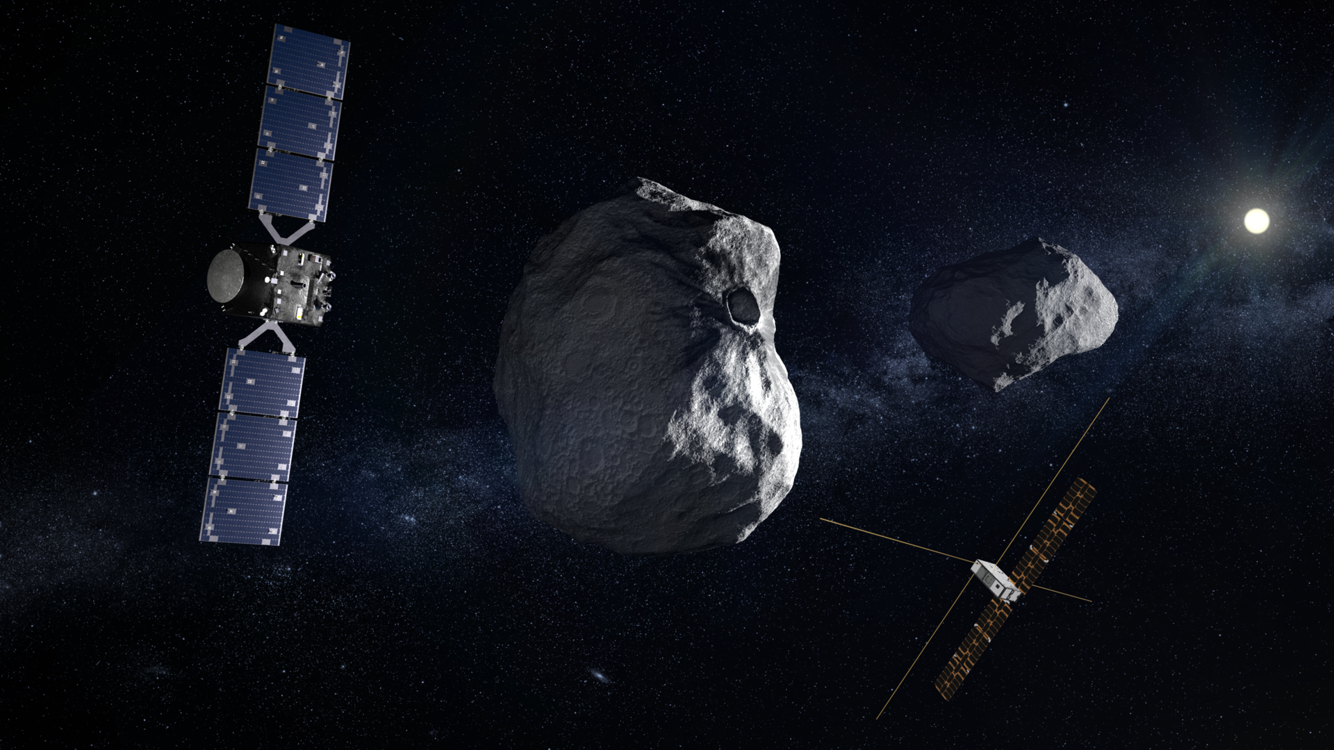 Hera, alongside the two small CubeSats it will release next year, approaching the Didymos and Dimorphos asteroid pair, its ultimate destination (Credit : ESA)