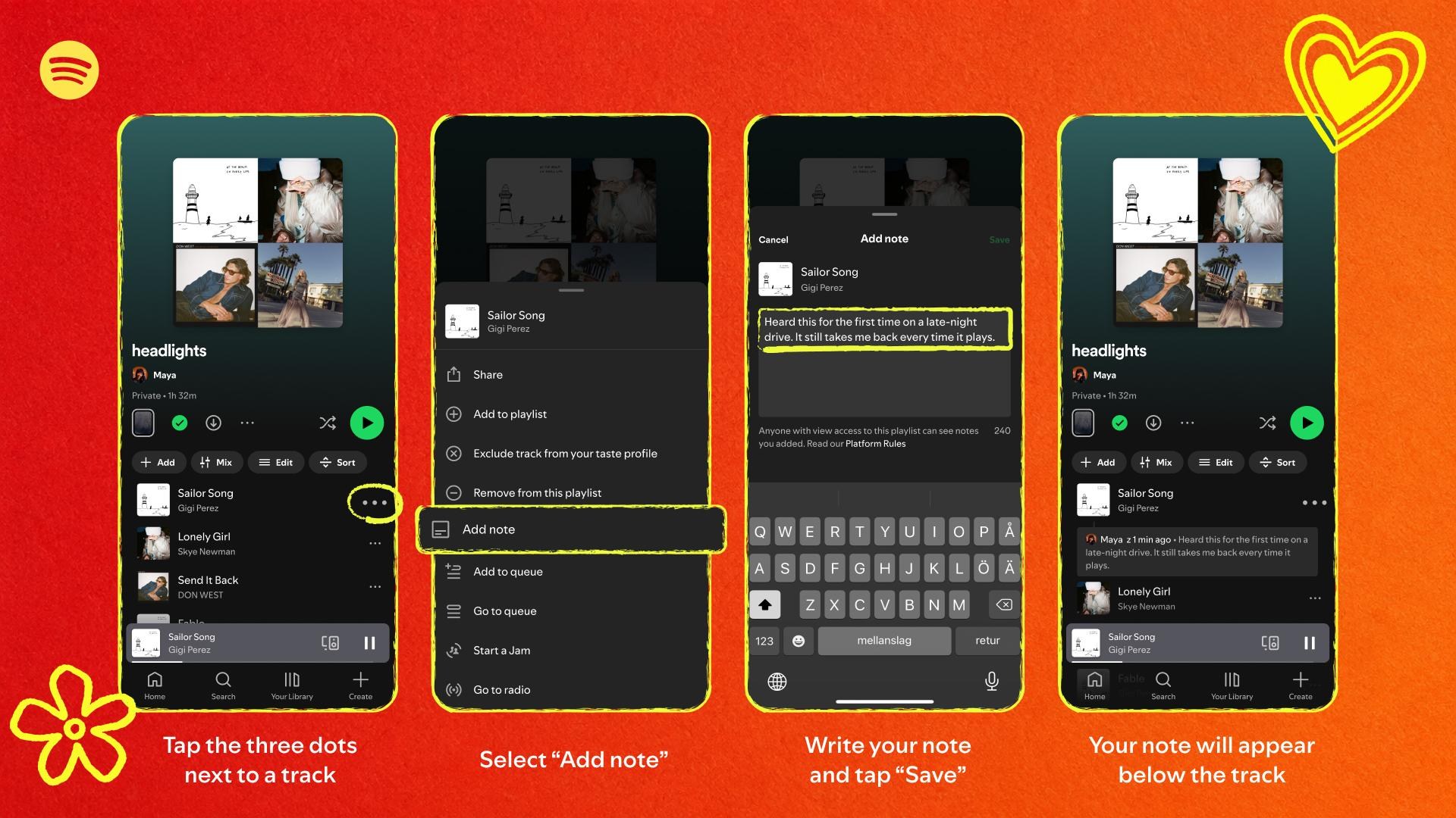 Series of screenshots showing where to find the new User Notes feature in Spotify.