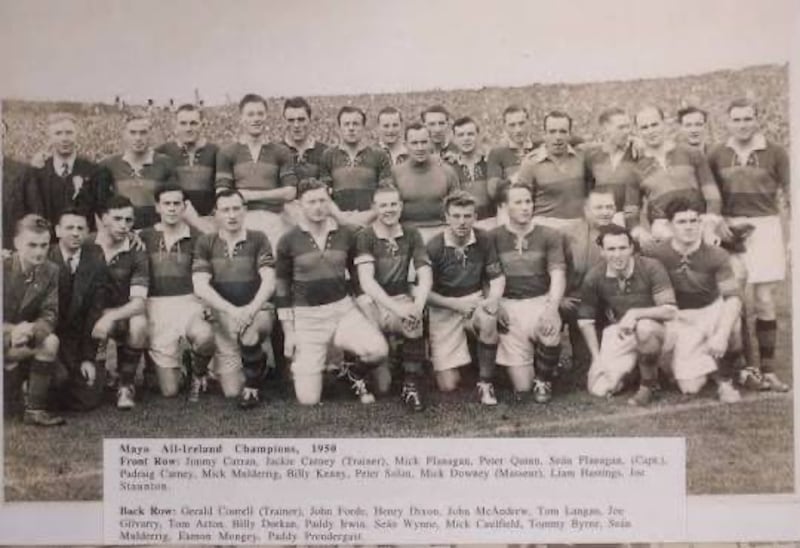 Mayo All Ireland Champions 1950 team. To accompany story written by Cian O'Connell on Seán Ó Raghallaigh, who is pictured wearing his grandfather's All-Ireland winner's medal from 1950. Other pics included of that team and a tribute to his grandfather, Billy Durkin.