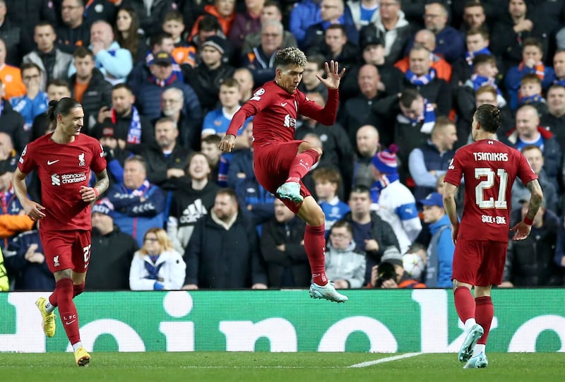Roberto Firmino of Liverpool celebrates against Rangers in 2022. Photograph: Adam Vaughan/EPA